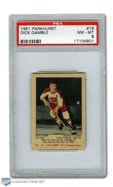 1951-52 Parkhurst #16 Dick Gamble RC - Graded PSA 8