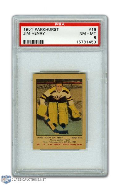 1951-52 Parkhurst #19 Jim Henry RC - Graded PSA 8