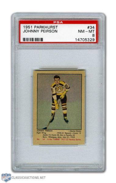 1951-52 Parkhurst #34 Johnny Peirson RC - Graded PSA 8