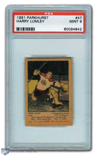1951-52 Parkhurst #47 HOFer Harry Lumley RC - Graded PSA 9 - None Higher!