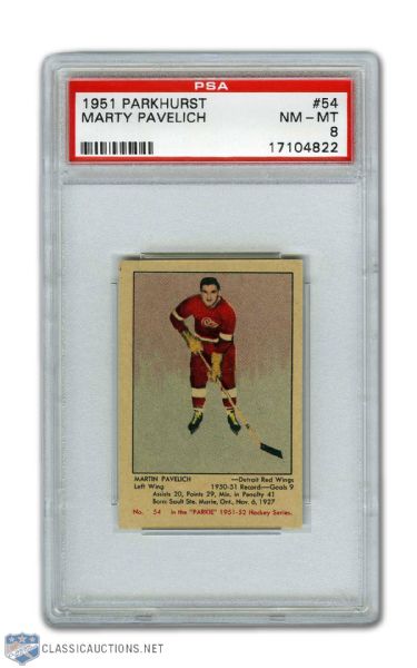 1951-52 Parkhurst #54 Marty Pavelich RC - Graded PSA 8