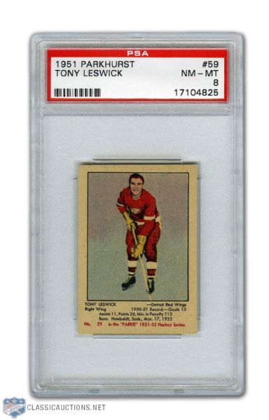1951-52 Parkhurst #59 Tony Leswick RC - Graded PSA 8