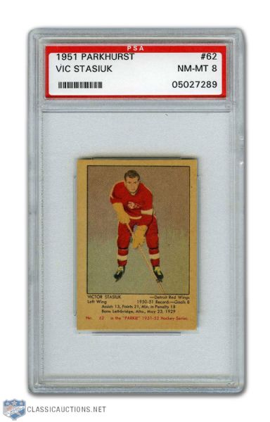 1951-52 Parkhurst #62 Vic Stasiuk RC - Graded PSA 8