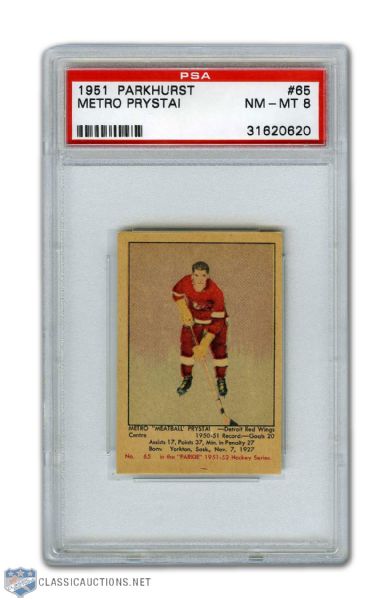 1951-52 Parkhurst #65 Metro Prystai RC - Graded PSA 8