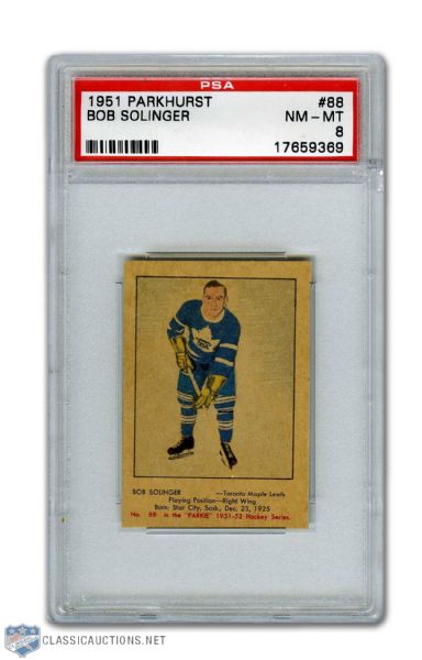 1951-52 Parkhurst #88 Bob Solinger RC - Graded PSA 8