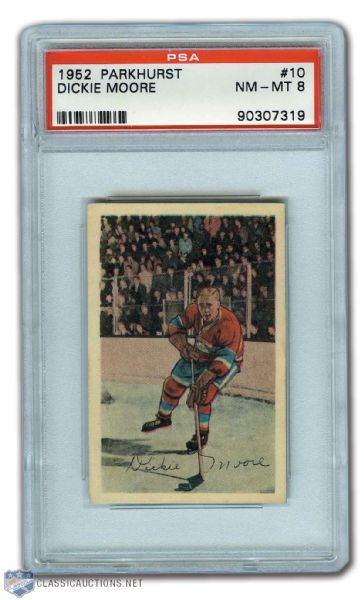 1952-53 Parkhurst #10 HOFer Dickie Moore RC - Graded PSA 8