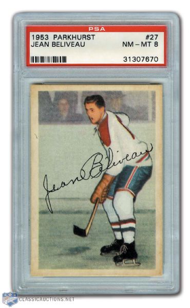 1953-54 Parkhurst #27 HOFer Jean Beliveau RC - Graded PSA 8
