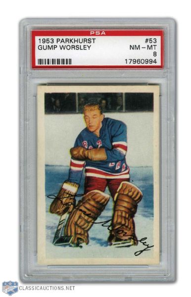 1953-54 Parkhurst #53 HOFer Gump Worsley RC - Graded PSA 8