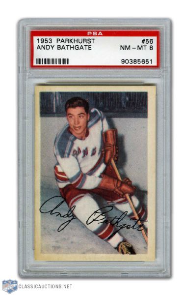 1953-54 Parkhurst #56 HOFer Andy Bathgate RC - Graded PSA 8