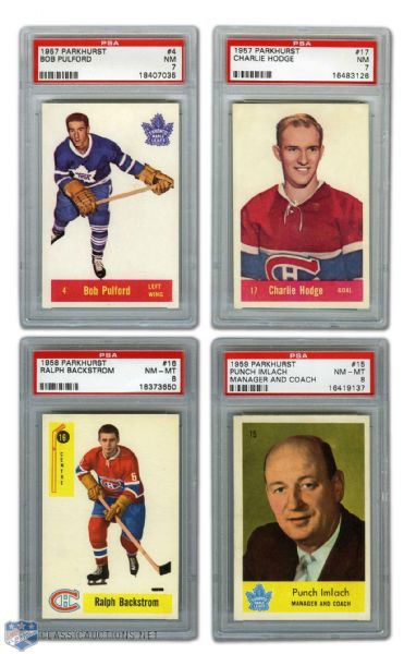 1957 #4 Pulford & #17 Hodge, 1958 #16 Backstrom & 1959 #15 Imlach PSA-Graded Parkhurst Cards