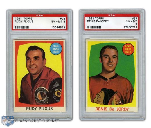 1961-62 Topps #23 Rudy Pilous RC & #37 Denis DeJordy RC - Graded PSA 8 Cards