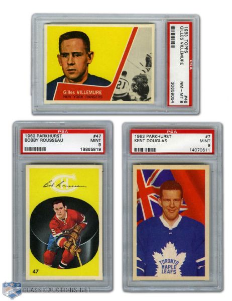 1962-63 Parkhurst #47 Rousseau, 63-64 Parkhurst Douglas & 63-64 Topps #46 Villemure PSA-Graded Rookie Cards
