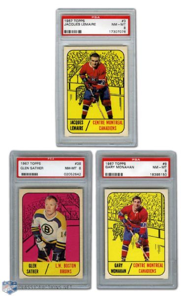 1967-68 Topps #3 Lemaire RC, #8 Monahan RC & #38 Sather RC PSA 8 Graded Cards