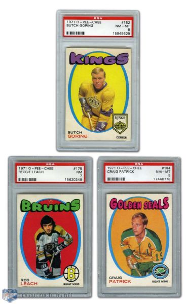 1971-72 O-Pee-Chee #152 Goring, #175 Leach & #184 Patrick PSA-Graded Rookie Cards