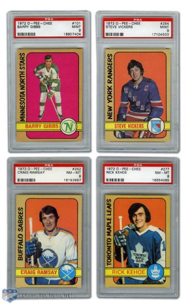 1972-73 O-Pee-Chee #101 Gibbs, #254 Vickers, #262 Ramsay & #277 Kehoe PSA-Graded Rookie Cards