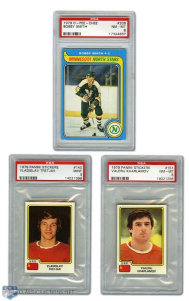 1979-80 OPC #206 Smith RC and 1979 Panini #140 Tretiak & #151 Kharlamov PSA-Graded Cards