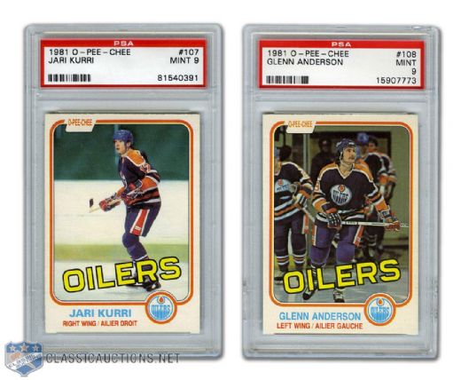 1981-82 O-Pee-Chee Edmonton Oilers PSA-Graded Rookie Cards (5) Including Coffey, Kurri & Anderson