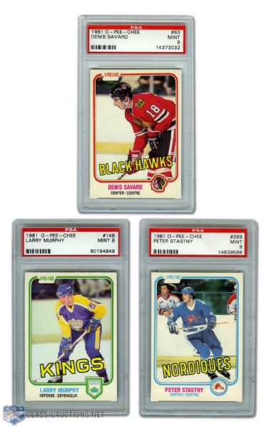 1981-82 O-Pee-Chee PSA-Graded Cards (6) with Savard, Murphy and Stastny