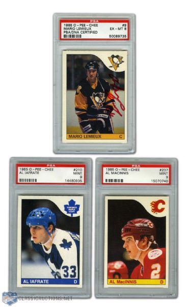 1985-86 O-Pee-Chee #9 Mario Lemieux (Signed) and Iafrate & MacInnis PSA-Graded RC Cards