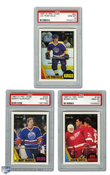 1987-88 O-Pee-Chee PSA 10 Graded RC Cards of Robitaille, Oates & McSorley
