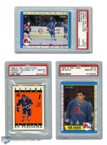 1989-90 O-Pee-Chee #113 Joe Sakic RC, #313 Sakic, #16 Sticker Sakic PSA 10 Graded Cards
