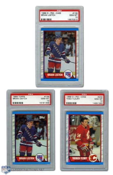 1989-90 O-Pee-Chee / Topps #136 Leetch (2) and #232 Fleury PSA 10 Graded RC Cards