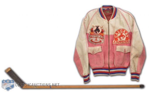 Marty Burkes 1940-41 Calgary Stampeders Team Leather Jacket and Late-1940s Stick