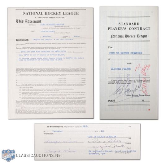 Jacques Plantes 1952-54 Montreal Canadiens NHL Contract Signed by Plante, Selke & Campbell