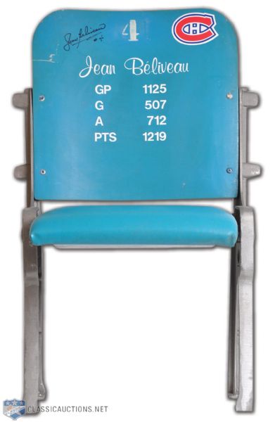 Jean Beliveau Autographed Montreal Forum #4 Blue Seat