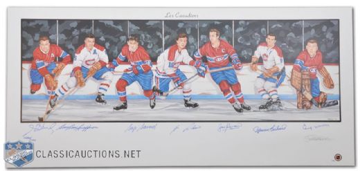 Montreal Canadiens Lithograph Autographed by 7 HOFers, Including Richard, Beliveau & Lafleur
