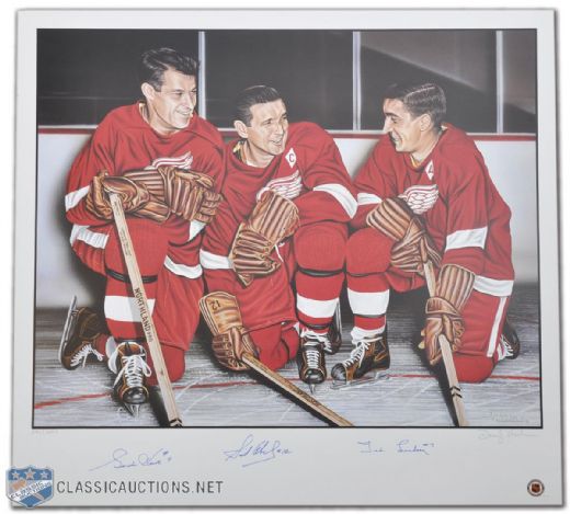Detroit Red Wings Production Line Lithograph Autographed by Howe, Abel and Lindsay (27" x 29")