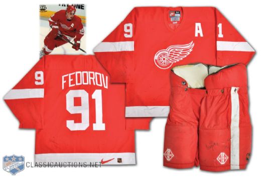 Sergei Fedorovs 1996-97 Detroit Red Wings Game-Worn Photo-Matched Jersey <br>and Signed Game-Worn Pants