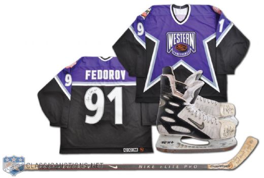 Sergei Fedorovs Signed Nike Game-Used Skates and Stick Plus 1996 All-Star Game Signed Jersey