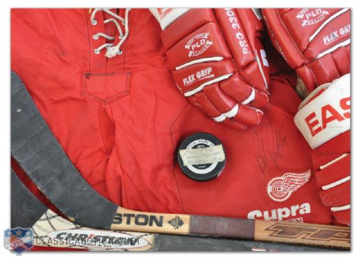 Detroit Red Wings Game-Used Sticks, Gloves, Pants and Goal Puck Collection<br> Including Probert, and Verbeek