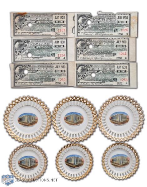 Vintage 1929 Chicago Stadium Opening Porcelain Plates (6) & 1930 Chicago Stadium Bonds (6)