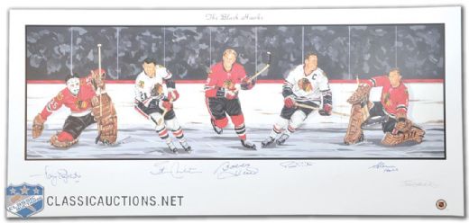 Chicago Black Hawks Lithograph Autographed by 5 HOFers (18" x 39")