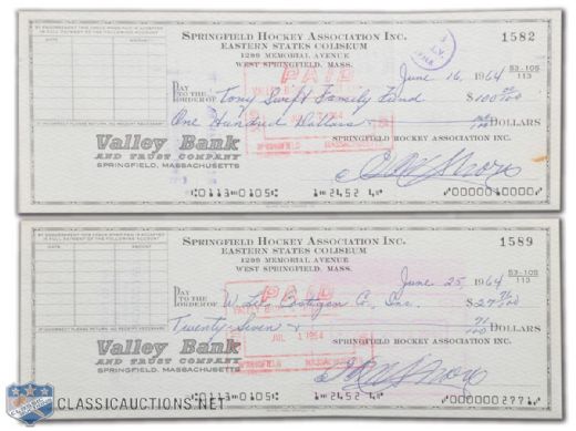 Springfield Hockey Association Cheques (2) Signed by Eddie Shore