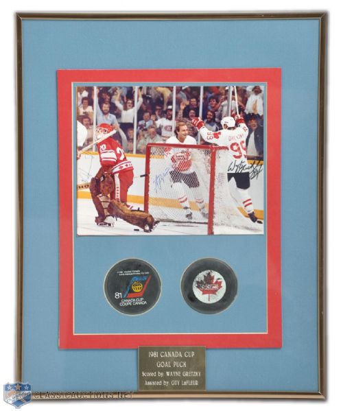 1981 Canada Cup Wayne Gretzky Goal Puck & Autographed Display
