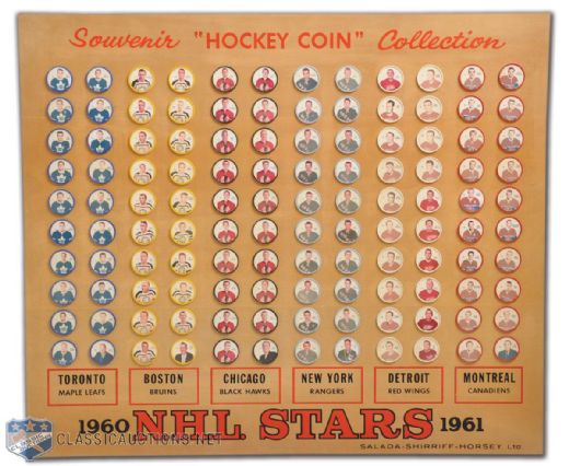 Awesome 1960-61 Shirriff Hockey Coins Complete Set of 120 Wood Display Board<br> (24" x 28")