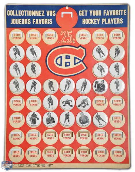 1970-71 Montreal Canadiens Pin-Back Button Complete Set of 23 on Display Card (18 1/2" x 14")
