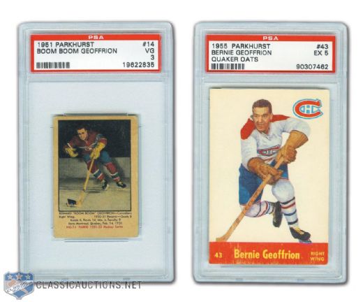 1951-52 Parkhurst #14 HOFer Bernie Geoffrion RC & 1955-56 Quaker Oats #43 Geoffrion PSA-Graded Cards