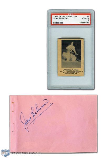 1951-52 Laval Dairy #1 Jean Beliveau PSA 4 Graded Card & Signed Booklet Page