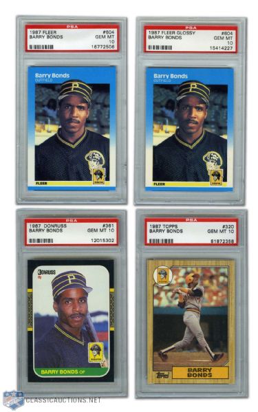 1987 Fleer, Fleer Update, Donruss & Topps Barry Bonds PSA 10 Graded Cards