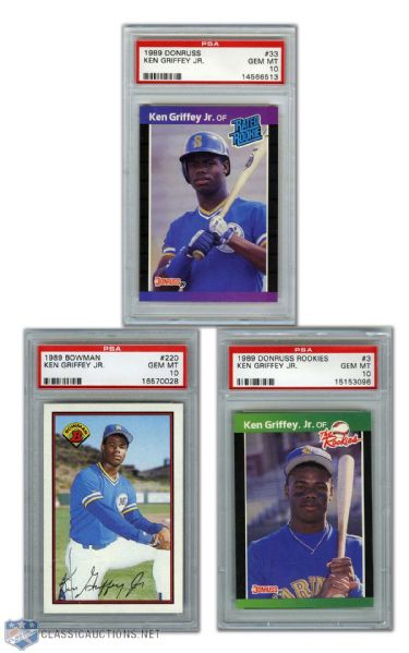 1989 Ken Griffey Jr. PSA 10 RC Cards (5) with Donruss, Donruss Rookies & Bowman