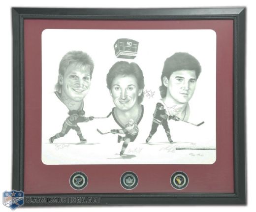 Wayne Bonneys Gretzky, Lemieux & Hull Signed Limited-Edition Joe Theiss Lithograph (33 1/2" x 39 1/2")