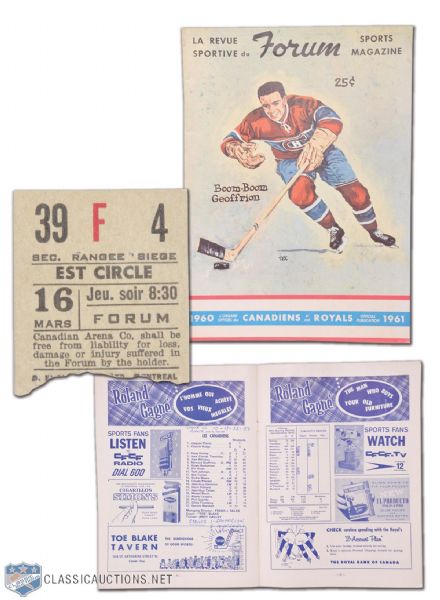 1961 Boom Boom Geoffrion Scores His 50th Goal Program & Ticket