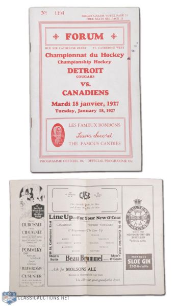 1926-27 Detroit Cougars at Montreal Canadiens Program