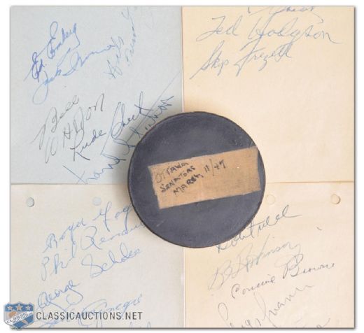 1946-47 QSHL Ottawa Senators Team-Signed Puck and Late-1940s Team-Signed Pages