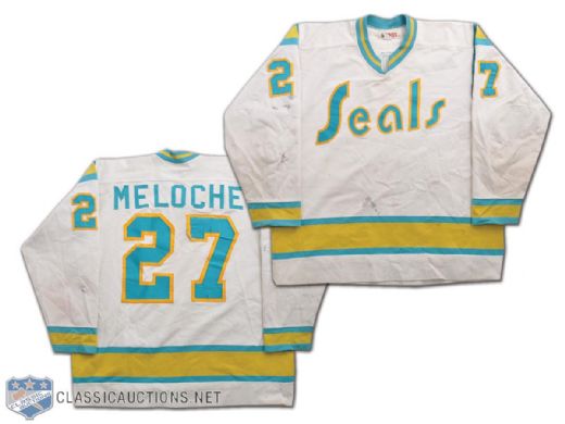 Gilles Meloches 1974-75 California Golden Seals Game-Worn Jersey with Rare Name On Back