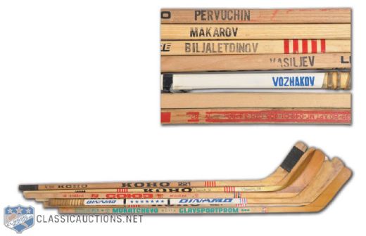 Russian Game-Used, Game-Issued and Team-Signed Stick Collection of 7